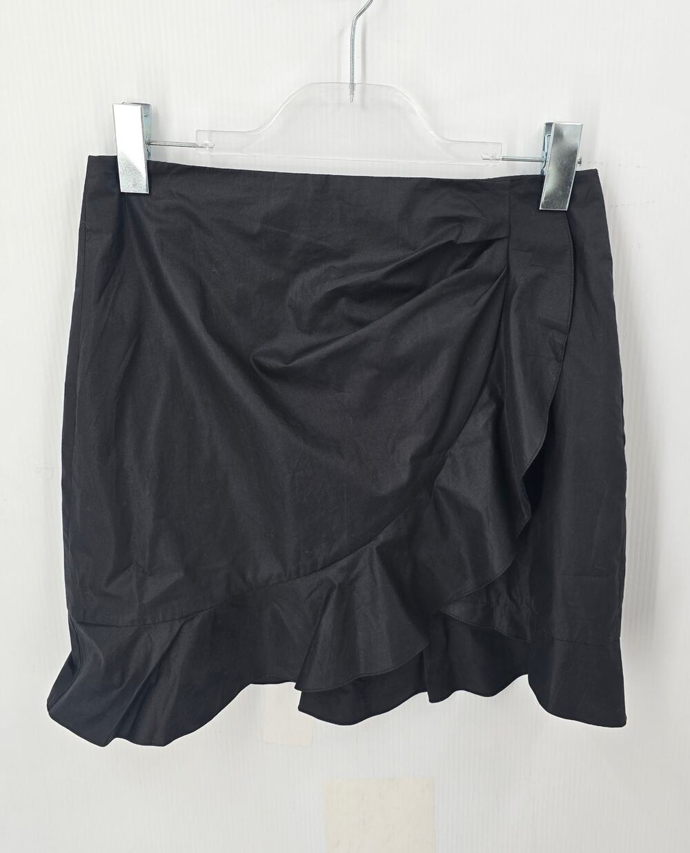 Isabel Marant Black Faux Wrap Mini Skirt Ruffle Hem Cotton Sateen Size 38 US 6